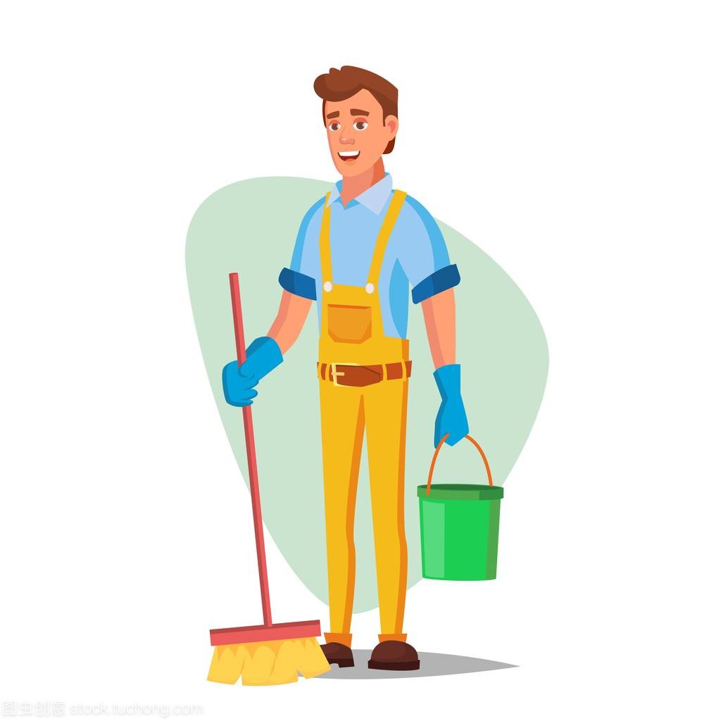 辦公室清潔服務向量。洗衣機, 掃帚孤立的白色卡通人物插圖